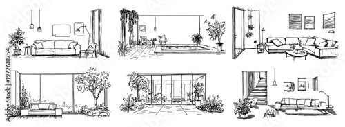 Modern interior design collection with living rooms and garden courtyards in hand drawn sketch style