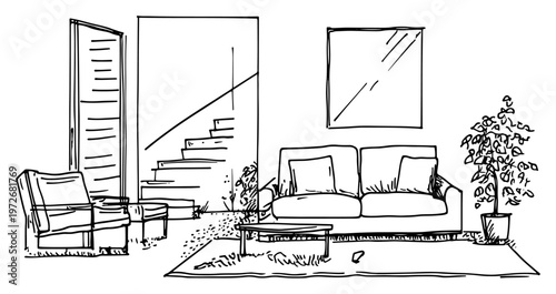 Cozy living room interior with furniture rug and stairs in hand drawn sketch style