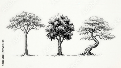 Vector Illustration of Three Artistic Trees with Unique Forms and Textured Details