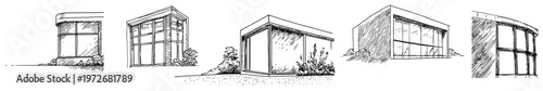 Modern architectural sketches of glass buildings and minimalist structures in hand drawn style