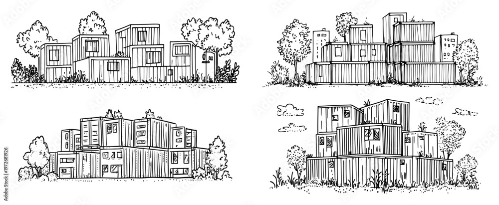 Obraz premium Container housing complexes with trees and greenery in hand drawn sketch style