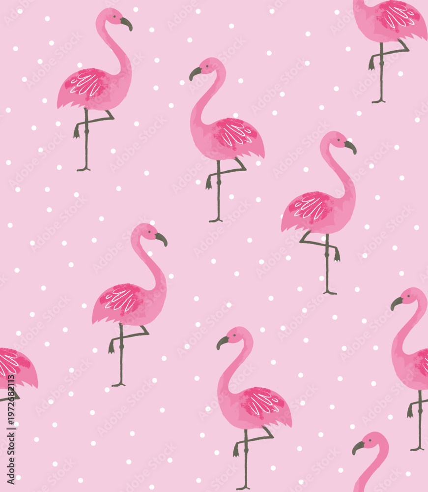 Fototapeta premium Watercolor Pink Flamingo Seamless Pattern with White Polka Dots on Lilac