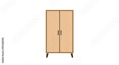 A minimalist light-colored wooden wardrobe featuring two vertical doors with sleek black handles stands elegantly on four tapered black legs against a white background.