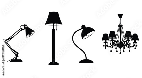 Collection of lamp silhouettes including desk lamp floor lamp table lamp and chandelier lighting icons in minimal black style for interior design projects