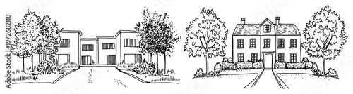 Residential houses with trees and gardens in hand drawn doodle style