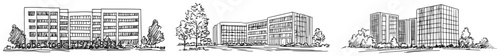 Modern campus buildings and administrative offices in hand drawn doodle style