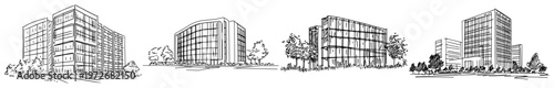Modern office buildings and commercial corporate architecture in hand drawn sketch style