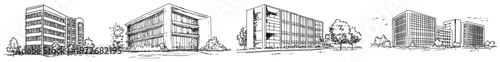 Contemporary office complexes and urban buildings in hand drawn sketch style