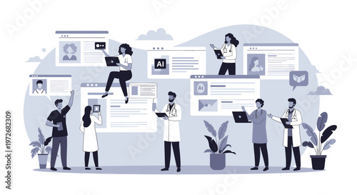 A minimalist illustration depicting a man standing with a potted plant and holding papers, evoking a sense of calm and thoughtfulness. Ideal for conce