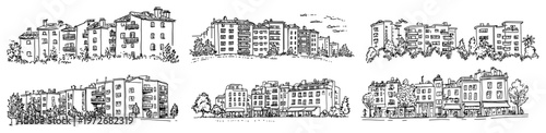 Apartment buildings and residential townhouses collection in hand drawn sketch style