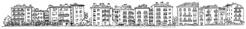 Row of multi-story residential apartment buildings in urban neighborhood hand drawn sketch style