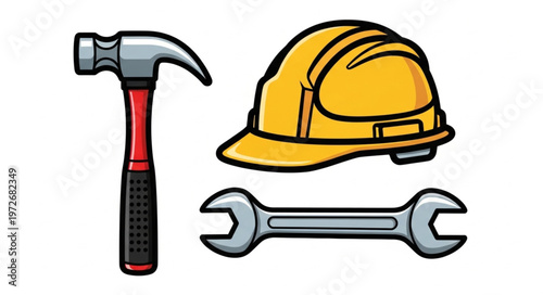 Construction Tools - Hammer, Hard Hat, and Wrench for Building and Repair.