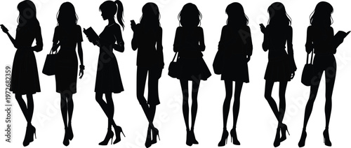 Women silhouettes, professional attire, office lifestyle, smartphone usage, reading habits, corporate culture, modern workplace, career women, diversity, success, collaboration, leadership