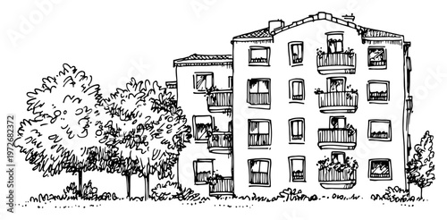 Multi-story apartment building with balconies and trees in hand drawn sketch style