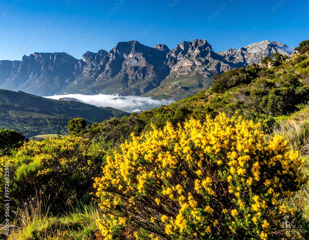 Obraz premium Sunny mountain vista with blooming yellow flowers in the foreground, rolling hills, and fog below the towering peaks