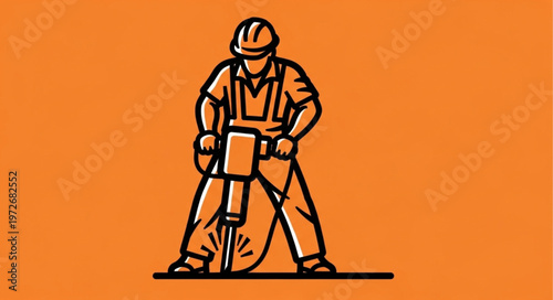 Construction Worker Operating Jackhammer with Safety Gear in Orange.