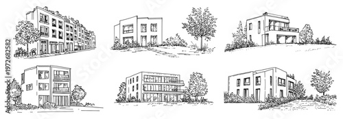 Collection of modern residential houses and apartment buildings in minimalist sketch style