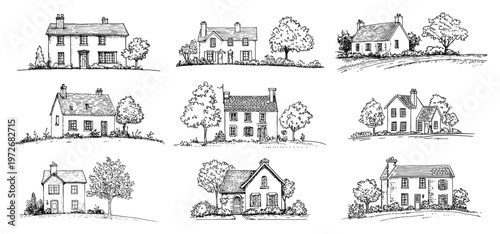 Country houses and residential cottages with trees in traditional hand drawn sketch style