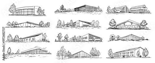 Low rise buildings and commercial campus architecture in modern ink sketch style