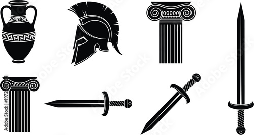 Comprehensive black silhouette vector set of ancient Greek and Roman artifacts including Spartan helmet, marble columns, clay amphora, and gladiator swords on white background.