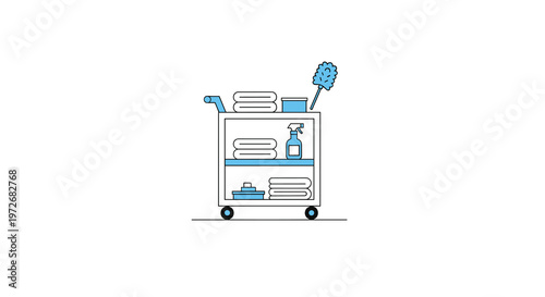 A minimalist housekeeping trolley with bright blue accents features neatly stacked white towels and essential cleaning tools including a fluffy duster.