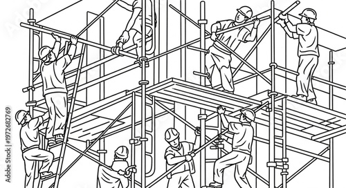Construction Workers Assembling Scaffolding on a Building Site.