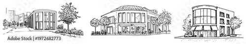 Modern office building and store facades in urban landscape hand drawn sketch style
