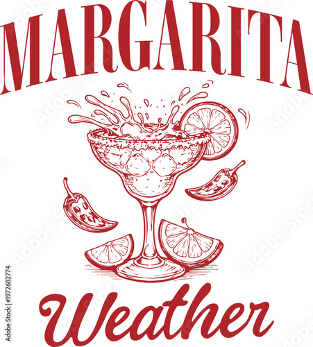 Margarita Weather vintage cocktail typography illustration with splashing margarita glass citrus slices and chili peppers retro summer drink graphic for t shirt design