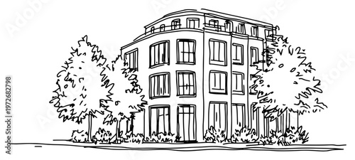 Modern multi story office building corner with street trees in hand drawn sketch style