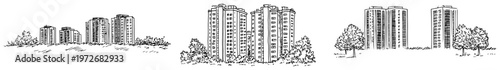 Apartment blocks and high rise buildings in park landscape in hand drawn sketch style