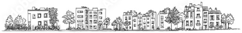 Urban residential buildings panorama with various architectural styles in dynamic ink sketch style