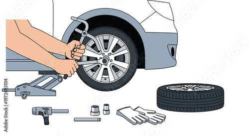 A meticulous illustration showing a person using a mechanical jack and lug wrench to change a flat tire on a silver car with various tools nearby.