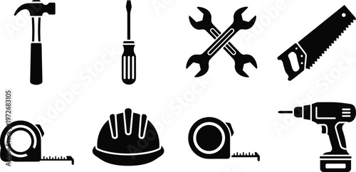 Comprehensive black silhouette vector set of construction hand tools including hammer, screwdriver, wrenches, saw, tape measure, hard hat, and power drill on white background.