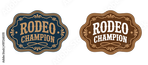Rodeo champion cowboy vintage emblem vector design, ornate belt buckle style badge with bull rider, western typography, and classic medal elements for ranch branding, country events, and retro logo gr