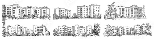 Residential apartment blocks with trees and urban greenery in sketch style