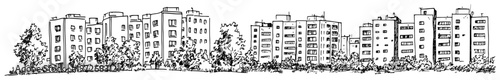 Urban apartment buildings skyline with trees in panoramic sketch style
