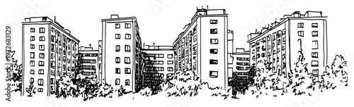 High rise apartment buildings surrounded by lush trees in sketch style