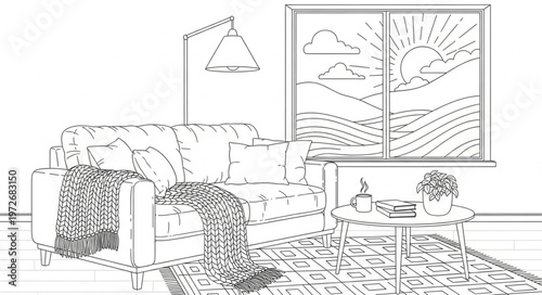 Cozy Living Room Interior Design Sketch with Sofa and Window.