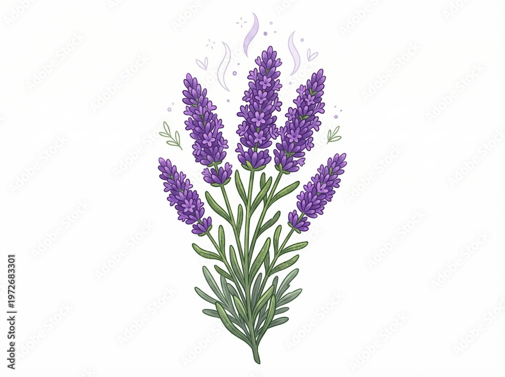 Obraz premium Beautiful Lavender Bouquet with Purple Flowers and Green Leaves on White Background