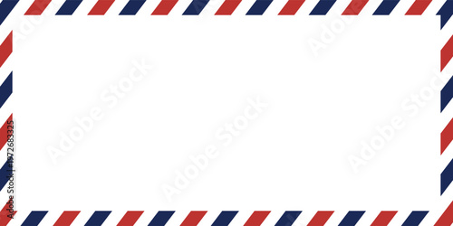 Air mail letter. Post stamp. Airmail frame postcard. Blue red stripes pattern. Mockup template envelope. Vector illustration