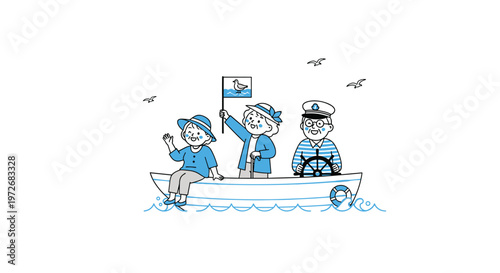 A cheerful illustration of three senior citizens wearing nautical blue clothing while sailing a small boat on gentle waves under a clear white sky.