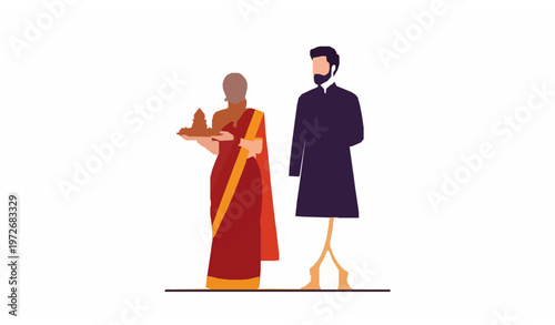 Minimal Indian couple vector with saree woman holding offering plate and kurta man isolated on white background
