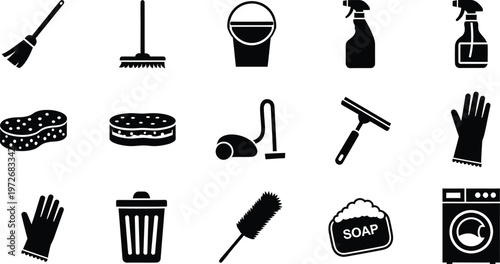 A collection of black icons representing various household cleaning tools and laundry equipment