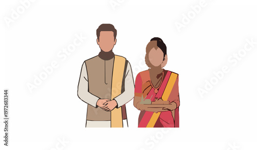 Traditional Indian woman in saree with offering plate and man in kurta vector cultural illustration isolated on white background