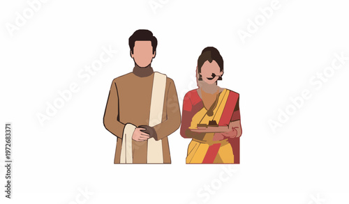 Indian couple in traditional attire with saree and kurta holding religious offering plate vector isolated on white background