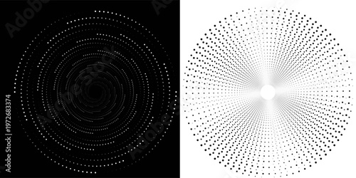 Modern abstract background. Halftone dots in circle form. Spiral logo, icon or design element. Black dots on a white background and white dots on the black side.