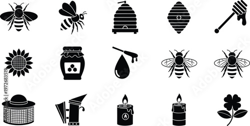A collection of fifteen black and white simple vector icons related to beekeeping and honey production