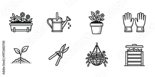 Line of gardening tools and plants flower watering can