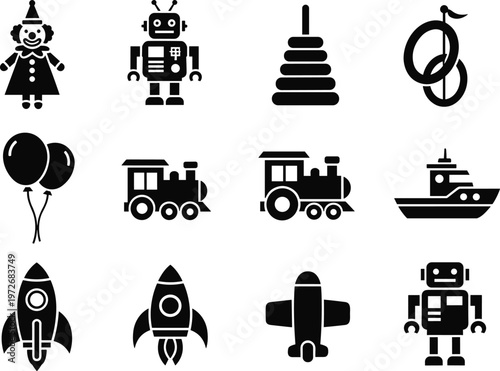 Comprehensive set of black toy vector icons including robots, rockets, trains, planes, ships, and clowns isolated on a white background for commercial children designs.