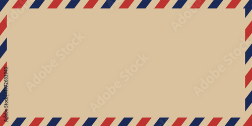 Air mail letter. Post stamp. Airmail frame postcard. Blue red stripes pattern. Mockup template envelope. Vector illustration